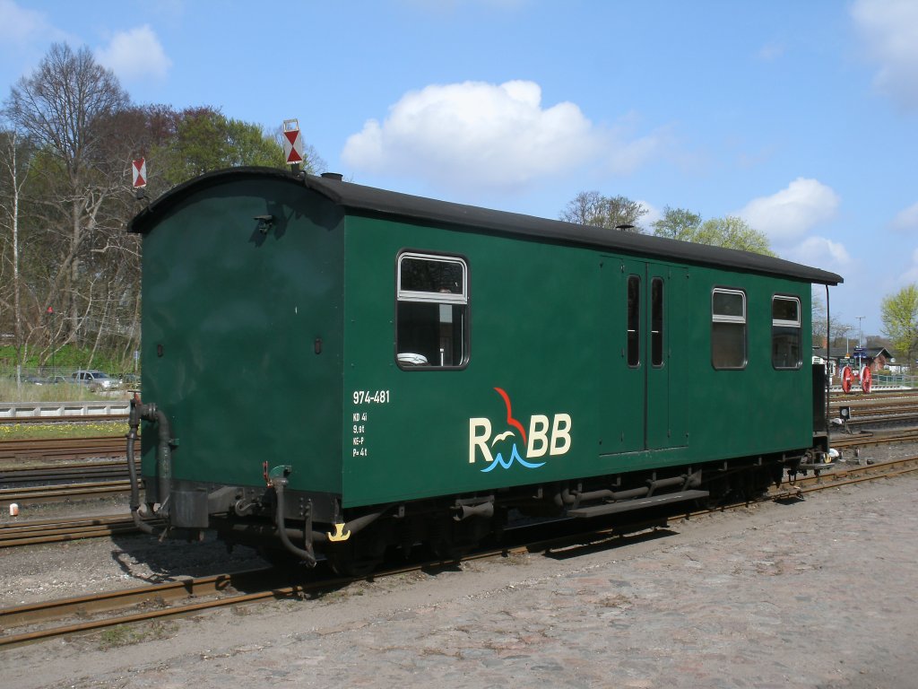Gepckwagen mit dem RBB-Logo(Rgensche Bderbahn),am 05.Mai 2013,abgestellt in Putbus.