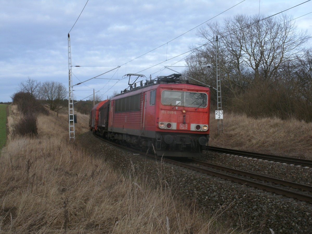 155 099,am 08.Februar 2014,mit dem 45503 Mukran-Seddin bei Bergen/Rügen.