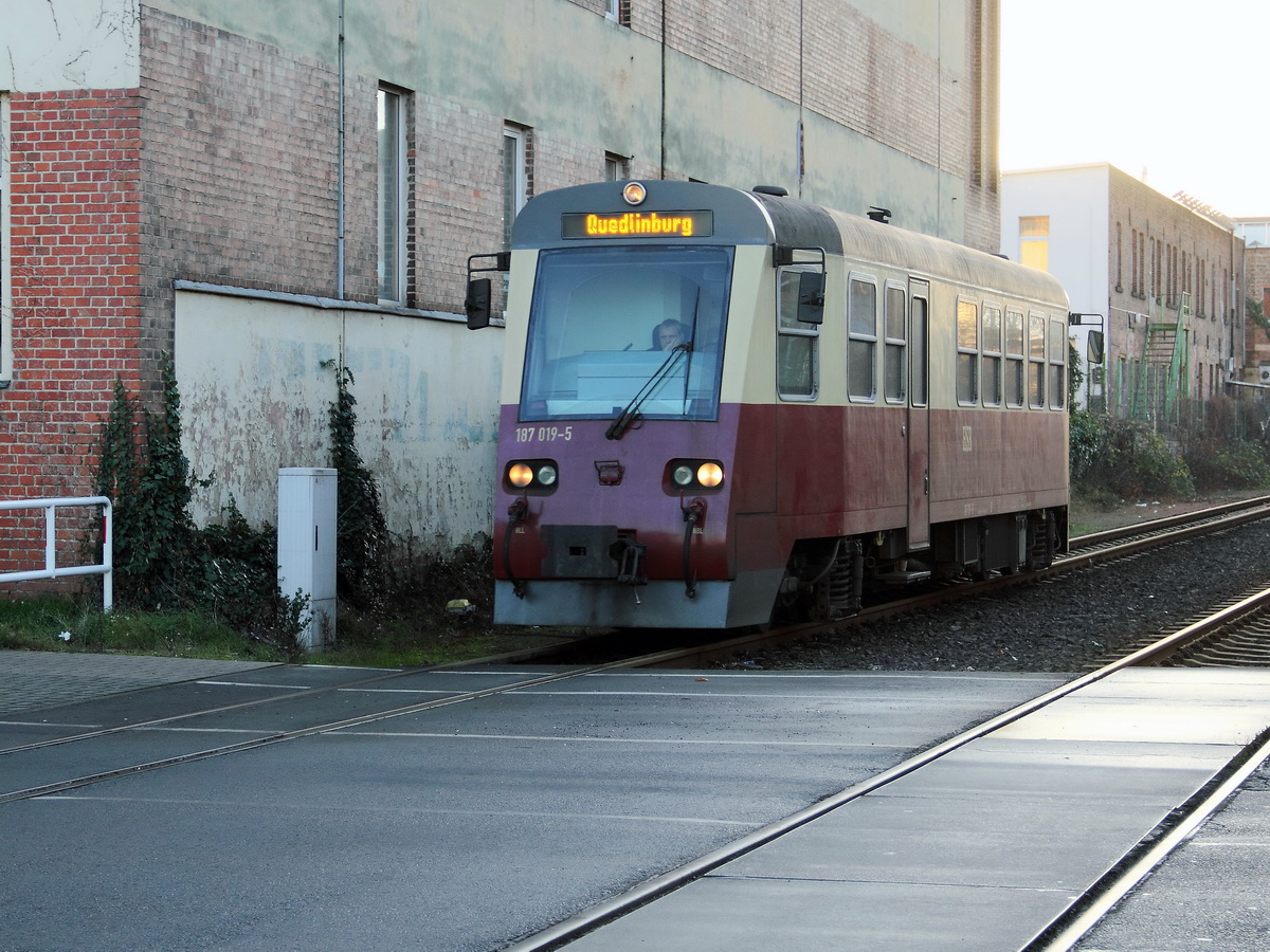 187 019-5 kurz vor dem Bahnbergang Quedlinburg, Albert-Schweitzer-Strasse in Richtung Endbahnhof Quedlinburg als HSB 8972 am 15. Dezember 2013 aus Nordhausen kommend.