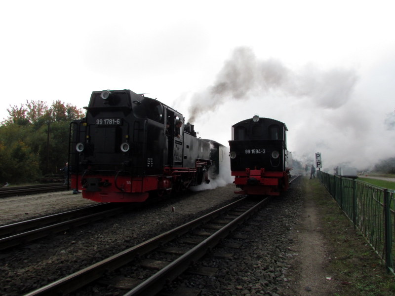 99 1781-6 passiert bei ihrer Ausfahrt die 99 1594-3 in Putbus am 12.Okt.13