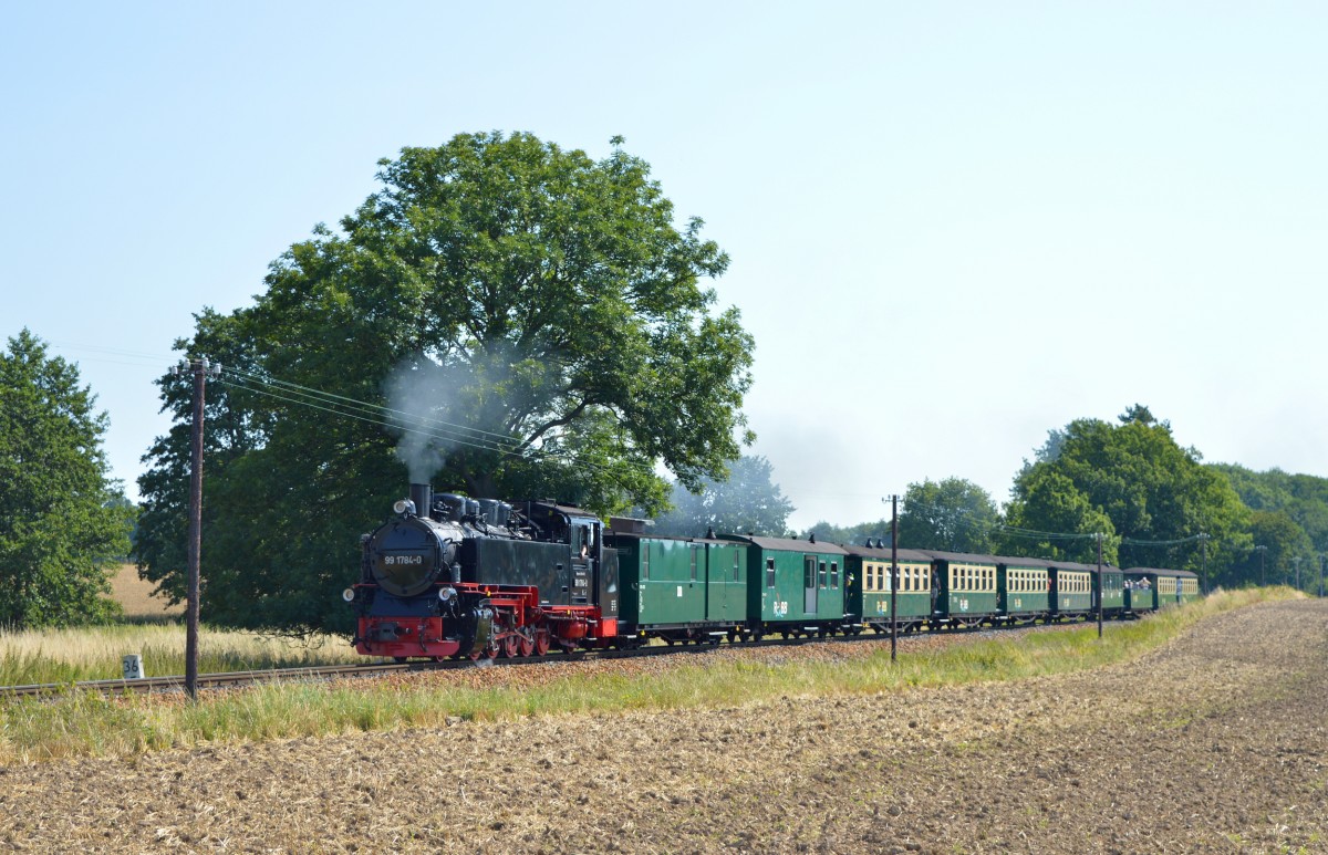 99 1784-0 hat P 102 am Haken und erklimmt die letzte Steigung vor Putbus am 07.08.2015