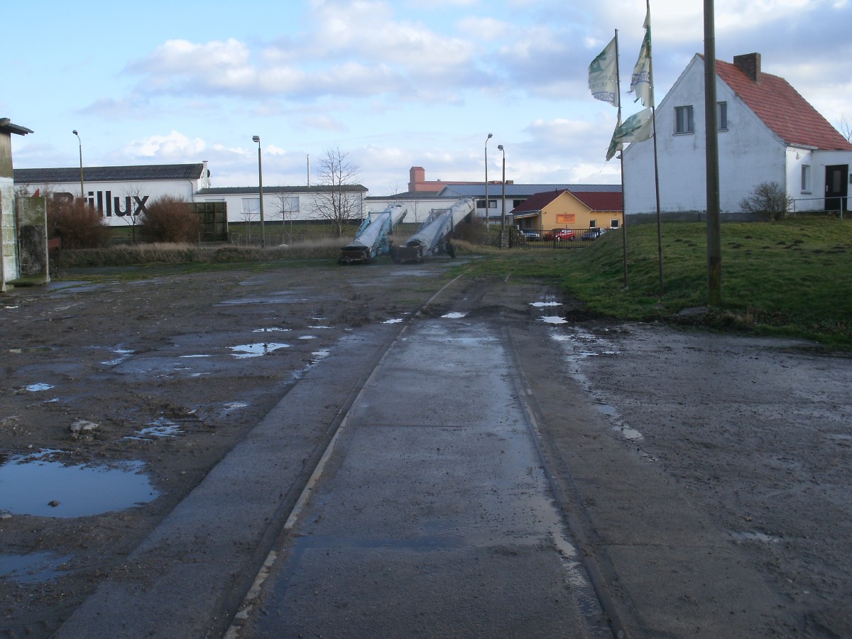 Das ehmalige bergabegleis von der Anschlubahn verlie den Anschlu Richtung Bahnhof.Aufgenommen am 16.Februar 2014 in Bergen/Rgen.