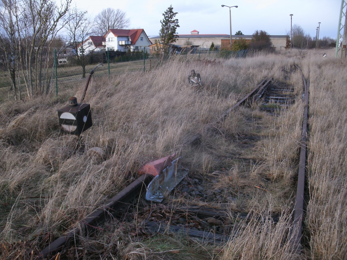 Diese Handgleissperre liegt versteckt unter Gras in Bergen/Rügen und wurde von der Anschlußbahn bedient.Aufgenommen am 16.Februar 2014.