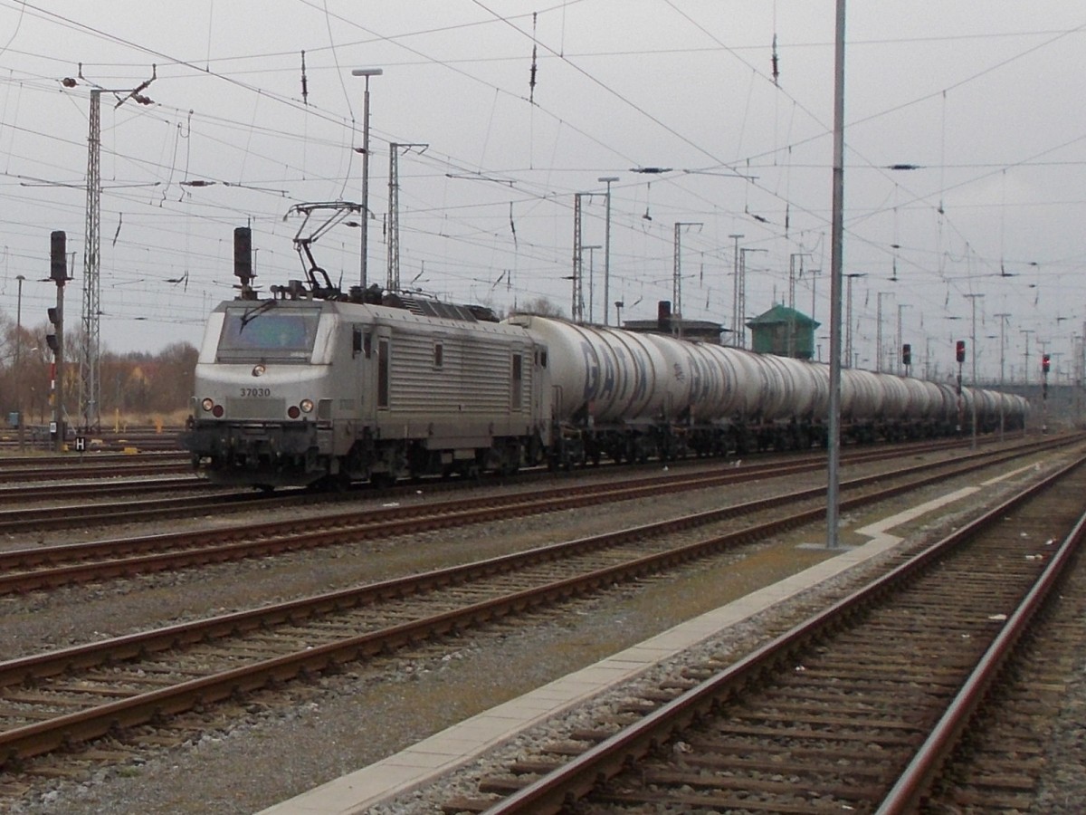 Mit einem Kesselzug aus Stendell fuhr die PRIMA 37030,am 15.März 2015,durch den Stralsunder Hbf Richtung Rostock.