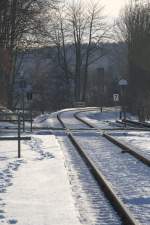 Die sdwestliche Ausfahrt des Bahnhofes Pulsnitz (Sachsen) 06.02.2013 15:07 Uhr