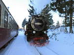 99 7243-1 der Harzer Schmalspurbahnen beim Umsetzen in Hasselfelde am 22. Januar 2017.