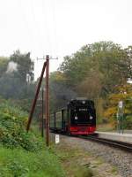 ruegensche-baederbahn/301599/99-1781-6-bei-der-einfahrt-mit 99 1781-6 bei der Einfahrt mit P 105 in Sellin Ost am 13.Okt.2013