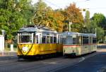 Ein Historische Begegnung kurz vor dem Hauptbahnhof Gotha am 20.09.2014. Links der Tw 56-Bw 82-101 und rechts der Tw 215. Die 85 Jahre hat die Bedeutung das die Waldbahn ihr 85 Jähriges Jubiläum hat.