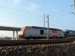 Am 9.3.2016 kam HVLE 246 001-2 mit Getreide Wagen in Stralsund auf dem Rügendamm an.